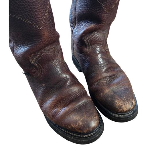 Justin pull on leather brown round toe cowboy boots western work boots mens 8
